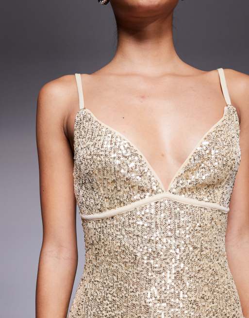 ASOS DESIGN - Guldfarvet midikjole med brede cami-stropper og pailletter over det hele, 4 af 4
