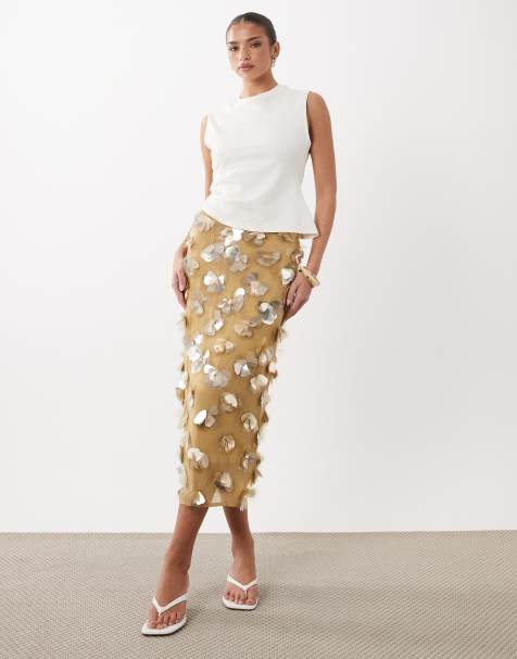 ASOS DESIGN - Guldfarvet midinederdel med volumen og 3D-blomsterudsmykning - view 1