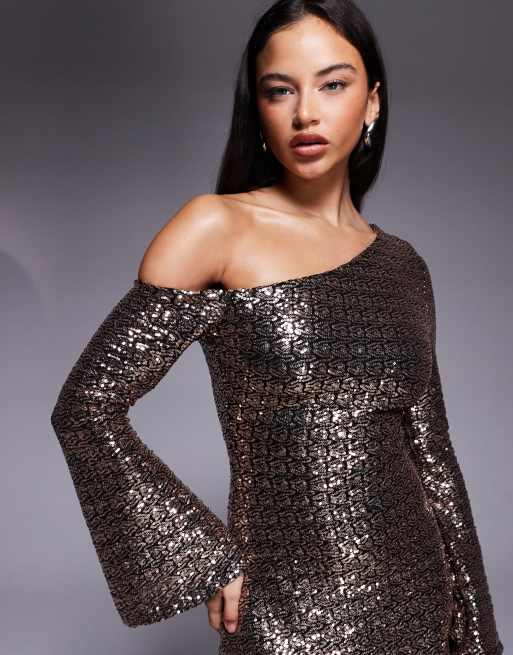 ASOS DESIGN - Guldfarvet offshoulder-minikjole med engleærmer og pailletter, 4 af 4