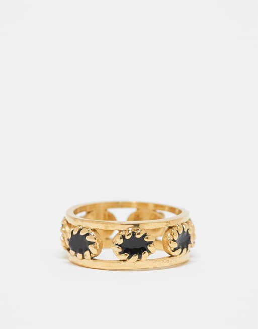 ASOS DESIGN - Guldfarvet ring i vandtæt rustfrit stål med rebdesign og sort agatsten