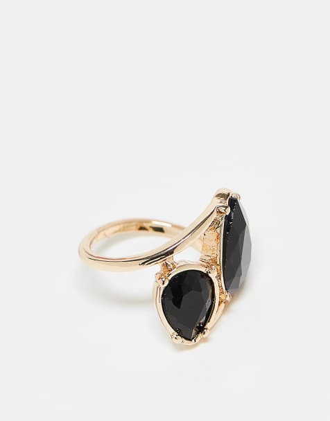 ASOS DESIGN - Guldfarvet ring med snoet design og sorte krystaller - view 1