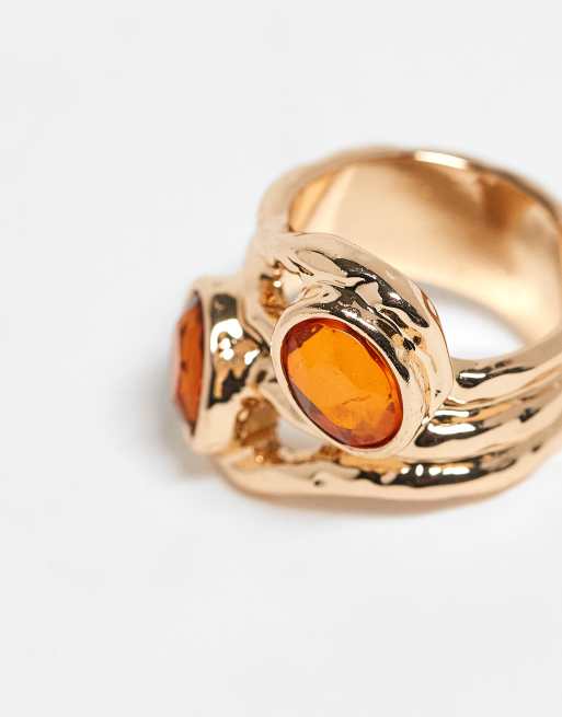 ASOS DESIGN - Guldfarvet slå-om-ring med imiteret orange sten og harpikssten, 2 af 3