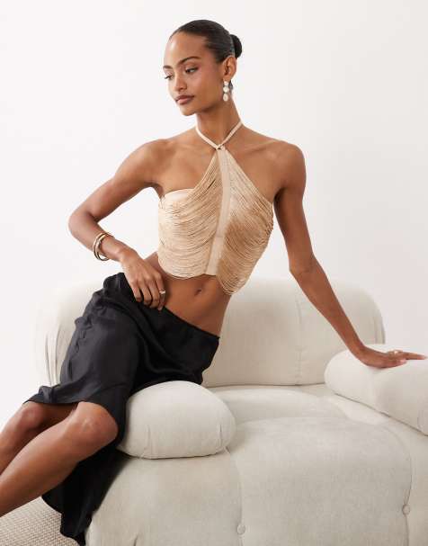 ASOS DESIGN - Guldfarvet top med halterneck, frynser og drapering - view 1