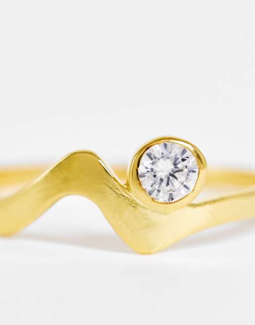 ASOS DESIGN – Guldpläterad ring i sterlingsilver med vågig design och kristall, 3 av 4
