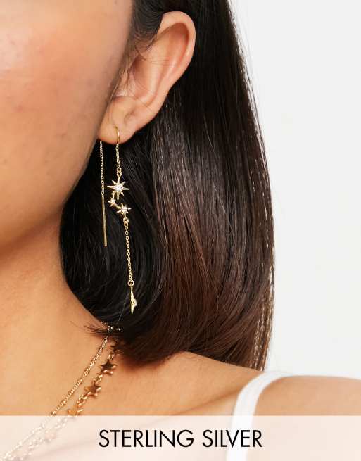 ASOS DESIGN – Guldpläterade örhängen i sterlingsilver med kedja som dras genom örat och stjärnor