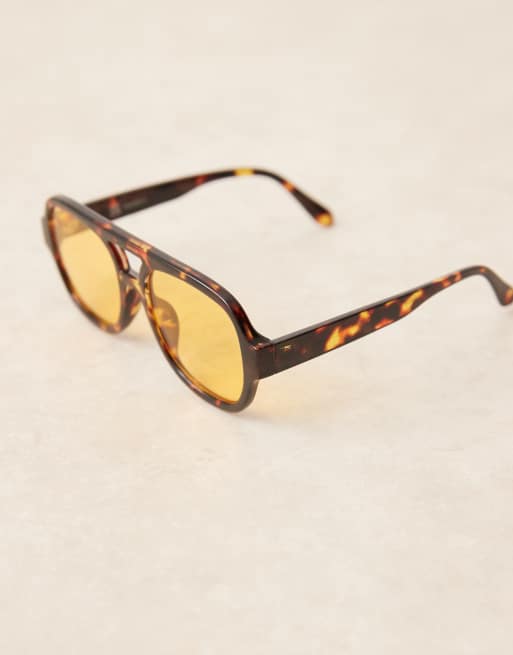 ASOS DESIGN - Gule aviator-solbriller med gule glas og sløret stel med skildpaddemønster, 3 af 3