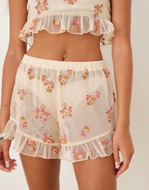 ASOS DESIGN - Gule flagrende shorts i gennemsigtigt materiale med broderi - Del af sæt, 5 af 5