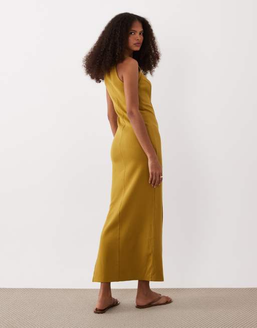 ASOS DESIGN – Gulgrön midiklänning med brottarringning, djup ringning och dekorativ söm, 4 av 4