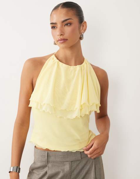 ASOS DESIGN – Gult linne i mesh med halterneck och volang - view 1