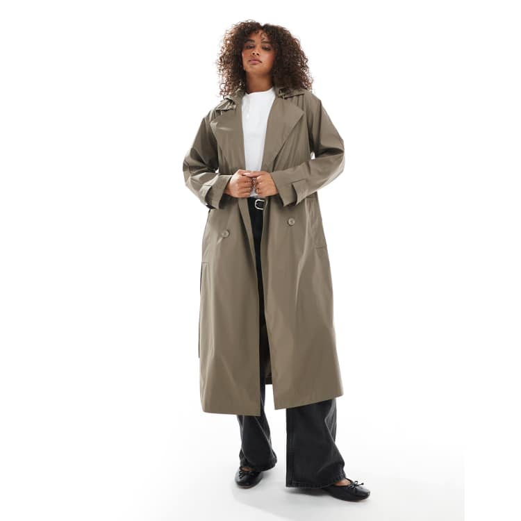 ASOS DESIGN – Gummierter Regen-Trenchcoat in Pilzbraun mit Kapuze