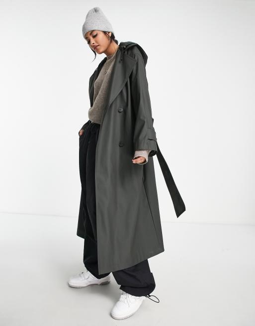 ASOS DESIGN – Gummierter Trenchcoat in Dunkelolivgrün