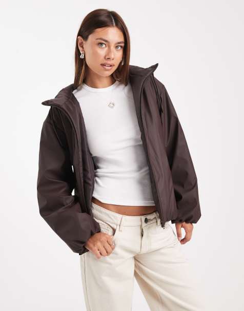 ASOS DESIGN rubberised hooded rainwear bomber jacket in chocolate
