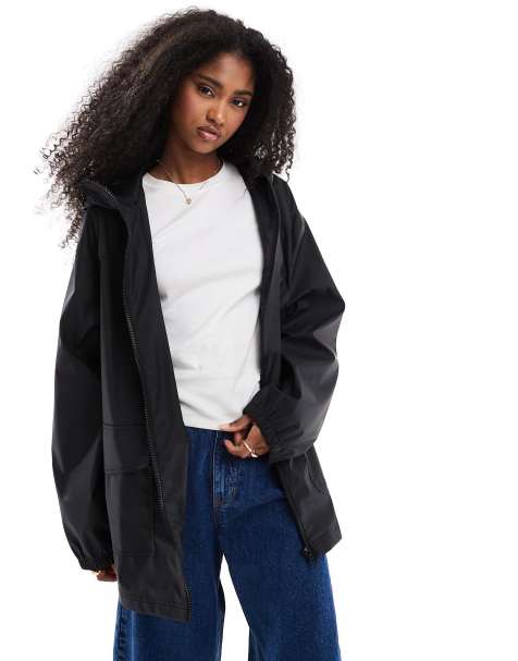 ASOS DESIGN rubberised rain coat in black