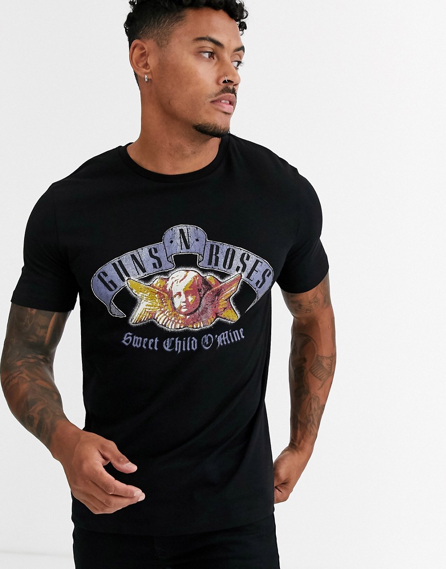 ASOS DESIGN Guns and Roses - T-shirt con cherubino-Nero