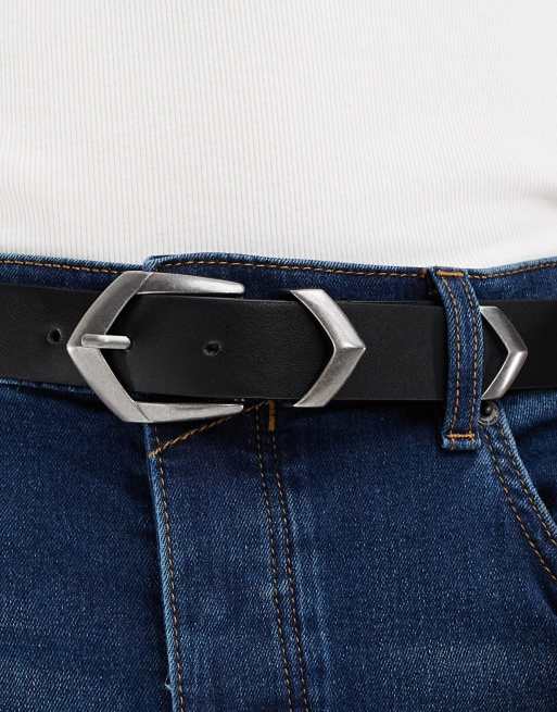 ASOS DESIGN – Gürtel aus Kunstleder in Schwarz mit glatter Western-Schnalle in Silber, 3 von 4