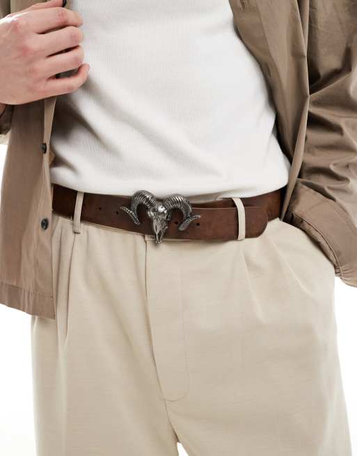 ASOS DESIGN – Gürtel in Dunkelbraun mit auffälliger Widderkopf-Gürtelschnalle