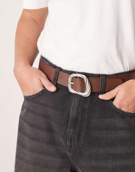 ASOS DESIGN – Gürtel in Hellbraun mit silberfarbener Schnalle mit Rillendesign
