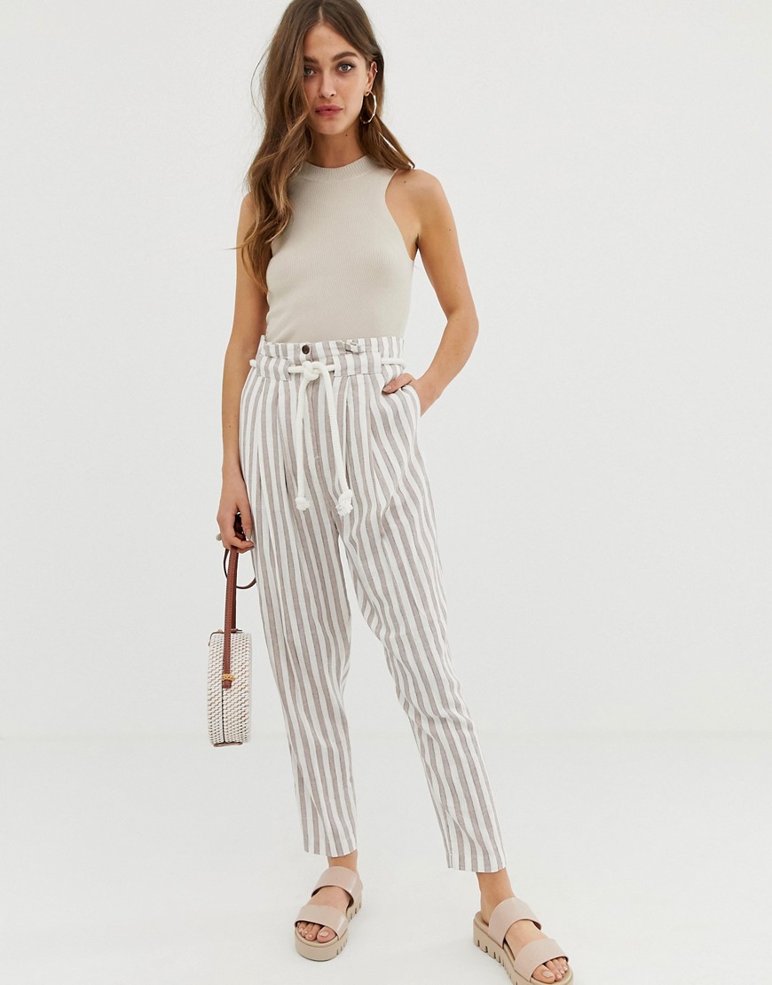 ASOS DESIGN gutsy linen tapered trousers with rope belt in stripe-Multi