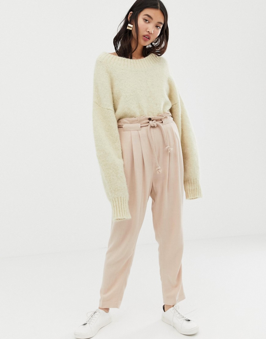 ASOS DESIGN gutsy linen tapered trousers with rope belt-Pink