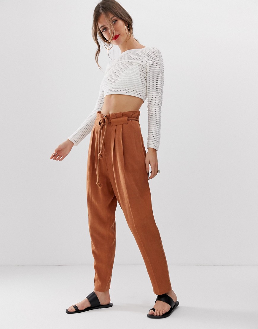 ASOS DESIGN gutsy linen tapered trousers with rope belt-Brown