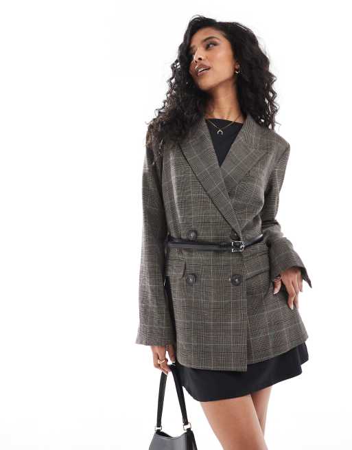 ASOS DESIGN - Gyldenbrun blazer med bælte og tern i PU