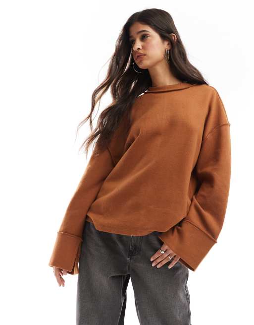 ASOS DESIGN - Gyldenbrun superblød sweatshirt med synlige syninger og dybe manchetærmer