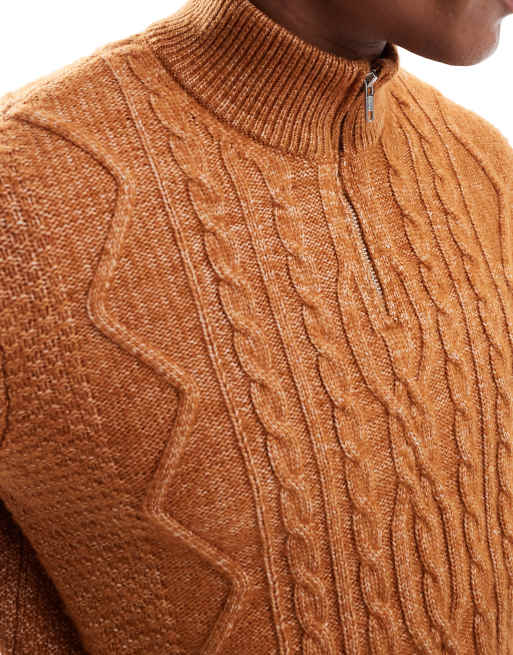 ASOS DESIGN - Gyldenbrun trøje med kvart lynlås i kraftig kabelstrik, 4 af 4