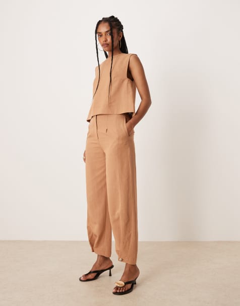 ASOS DESIGN - Gyldenbrune skræddersyede bukser med multifunktionel kant med knapper i hør - Del af sæt - view 1