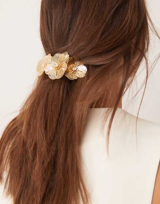 ASOS DESIGN - Haarklem met bloemen van metaaldraad in goudkleur