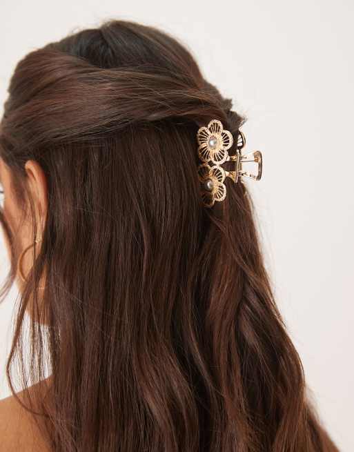 ASOS DESIGN - Haarklem met bloemontwerp met pareltjes in goud
