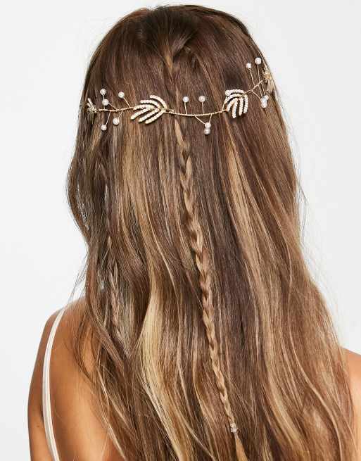 ASOS DESIGN - Haarkroon met kristallen blad en pareldetail in goudkleur