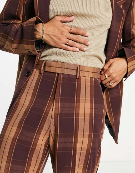 ASOS DESIGN - Habitbukser med vide ben og brune skotsktern, 3 af 4