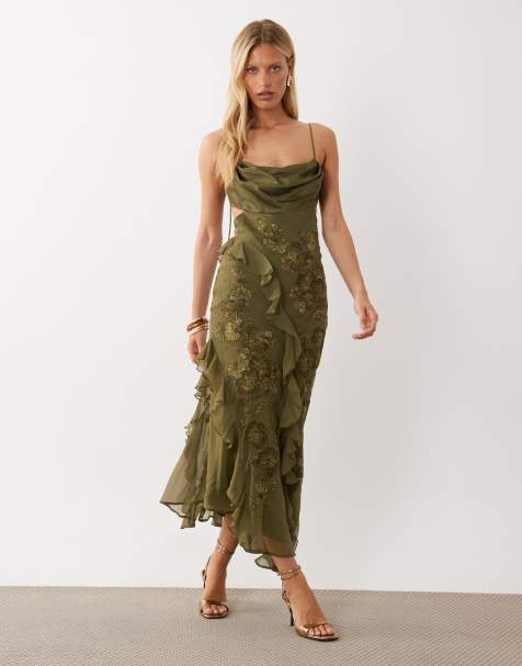 ASOS DESIGN haftowana i zdobiona koralikami sukienka maxi na ramiączkach z asymetryczną falbaną w kolorze khaki - view 1