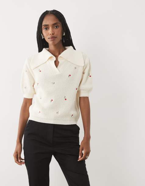 ASOS DESIGN haftowane dzianinowe polo w kolorze kremowym - view 1