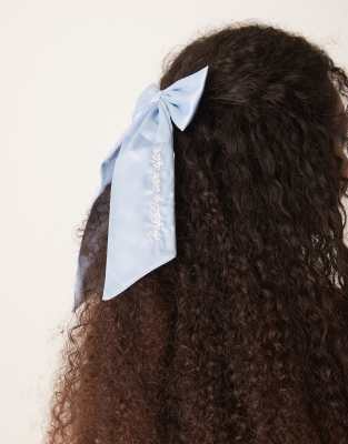 Asos Design Hair Bow With Embroidered Happily Ever After Detail In Blue