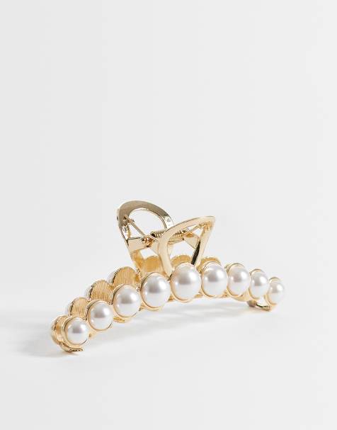 ASOS DESIGN hair claw clip with faux pearl detail in gold tone - view 1