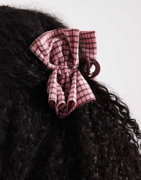 ASOS DESIGN hair claw gathered check fabric detail in pink - view 1