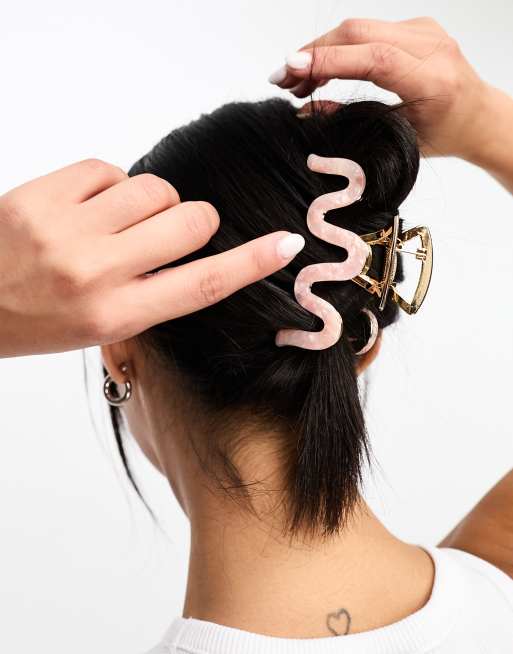 ASOS DESIGN hair claw in metal and pink resin design