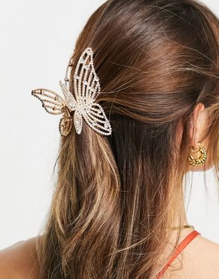 ASOS DESIGN hair claw with diamante butterfly detail in gold tone