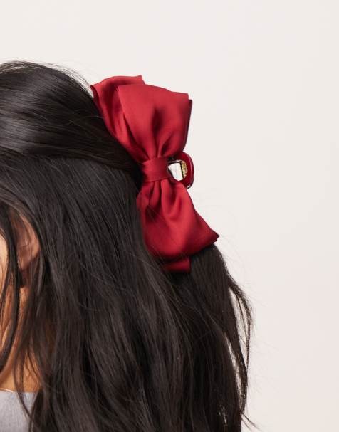 ASOS DESIGN hair claw with fabric bow detail in burgundy - view 1