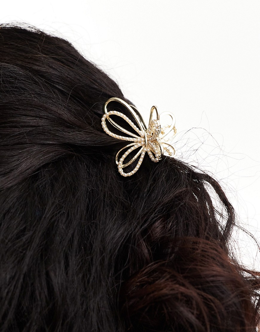 Asos Design Hair Claw With Faux Pearl Butterfly Design In Gold Tone