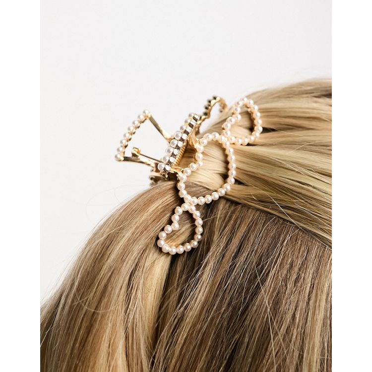 ASOS DESIGN hair claw clip with faux pearls in gold tone