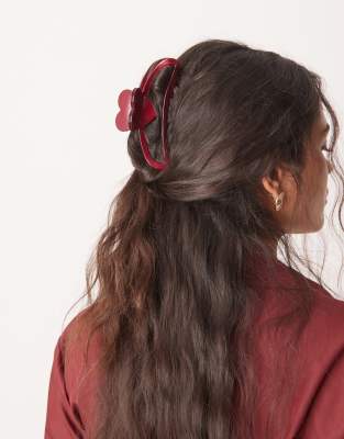 ASOS DESIGN hair claw with heart detail in burgundy-Red