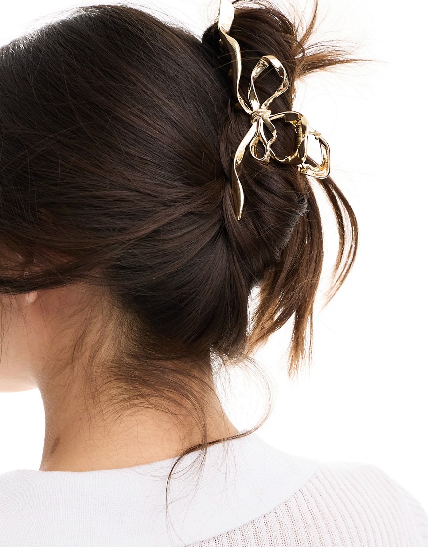 Asos Design Hair Claw With Molten Bow Detail In Gold Tone In Metallic