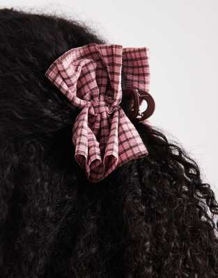 Asos Design Hair Claw With Pink Gathered Plaid Fabric Detail