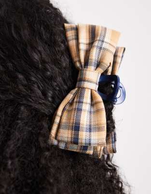 Asos Design Hair Claw With Plaid Tartan Bow Detail In Yellow