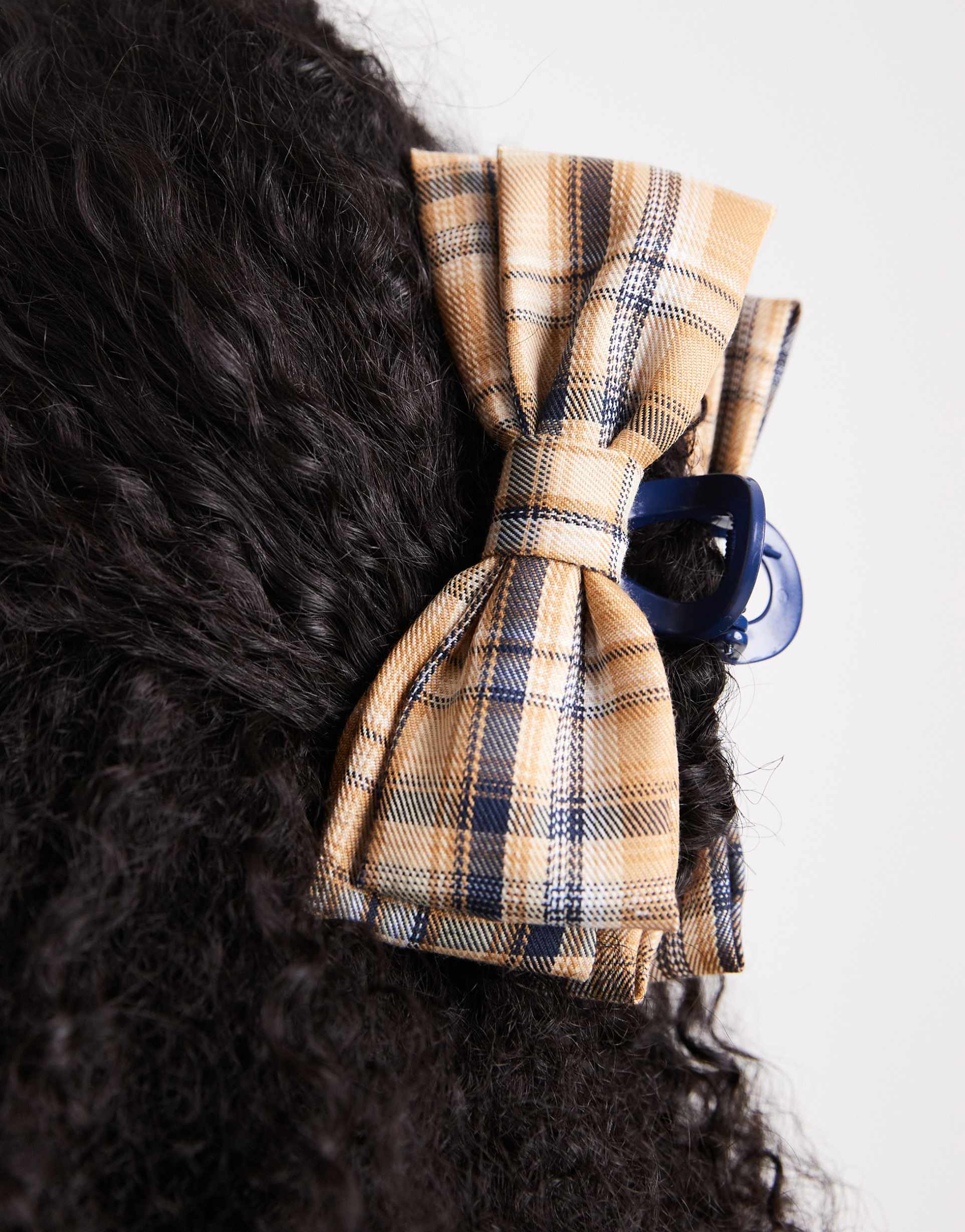 asos design hair claw with plaid tartan bow detail in yellow