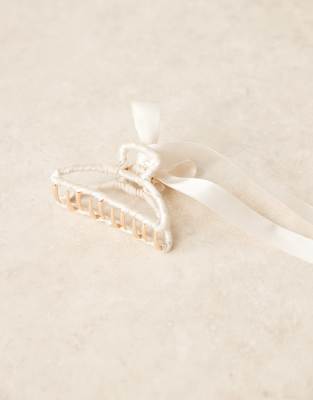 Asos Design Hair Claw With Wraparound White Ribbon Detail In White