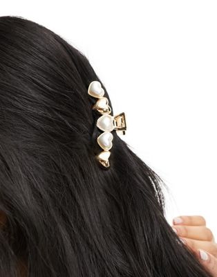 Asos Design Hair Clip Claw With Faux Pearl Heart Design In Gold Tone