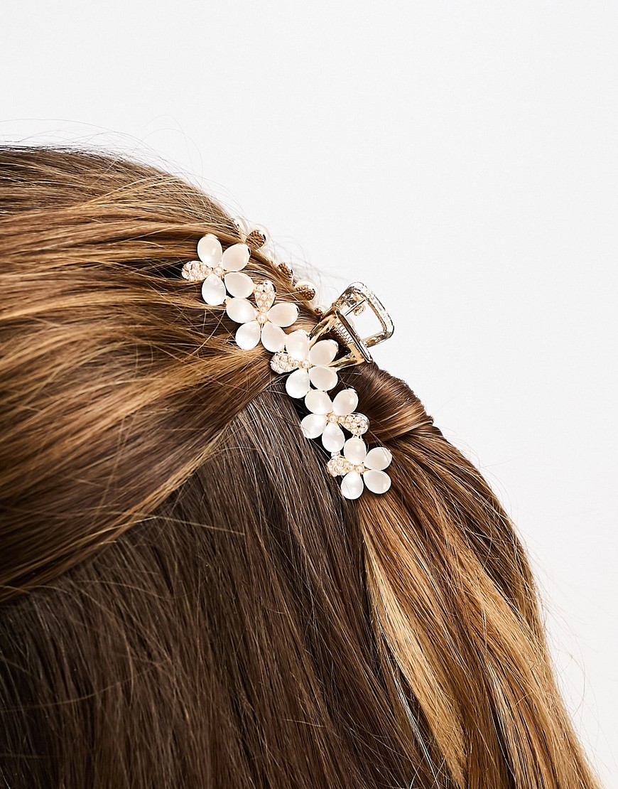ASOS DESIGN hair clip claw with pearl floral design-Gold